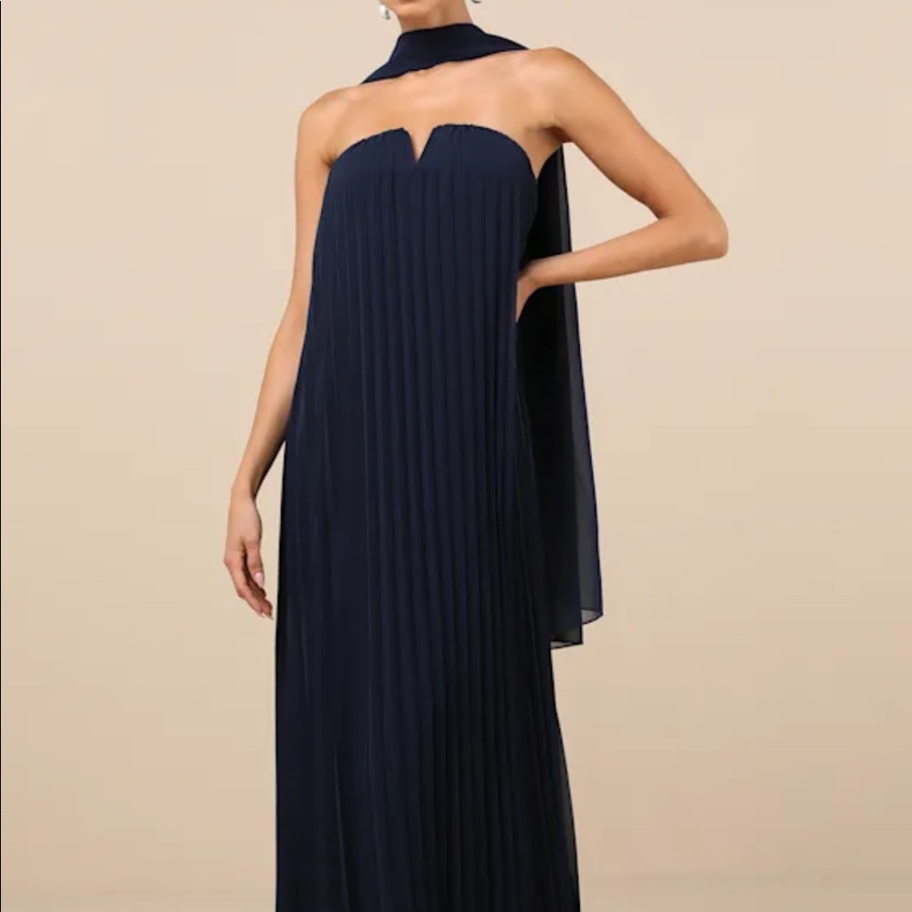 Lael Navy Pleated Strapless Dress and Scarf Set